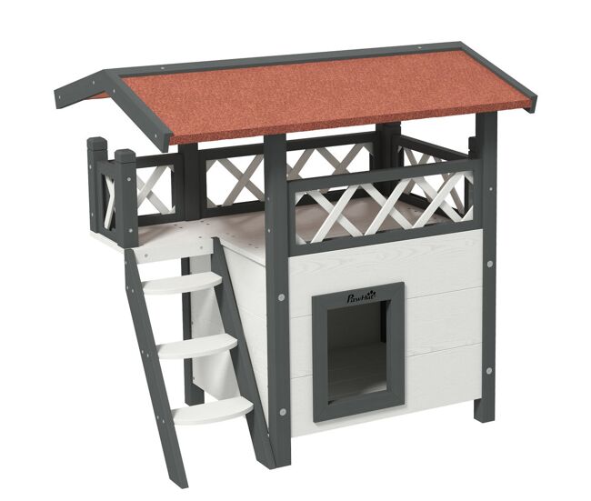 Pawhut casa para gatos de madera 77x50x73 cm caseta para gatos de 2 niveles refugio para gatos con techo asfáltico escalera y balcón para exterior blanco