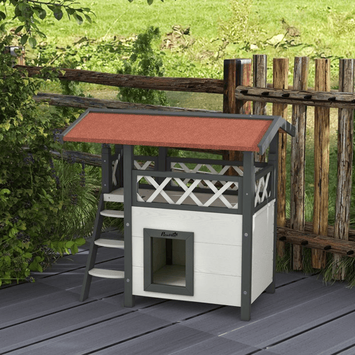 PawHut Casa para Gatos de Madeira 77x50x73cm Casa para Gatos com 2 Níveis com Teto Asfáltico Terraço Cercado Caverna e Escada para Interior e Exterior Branco