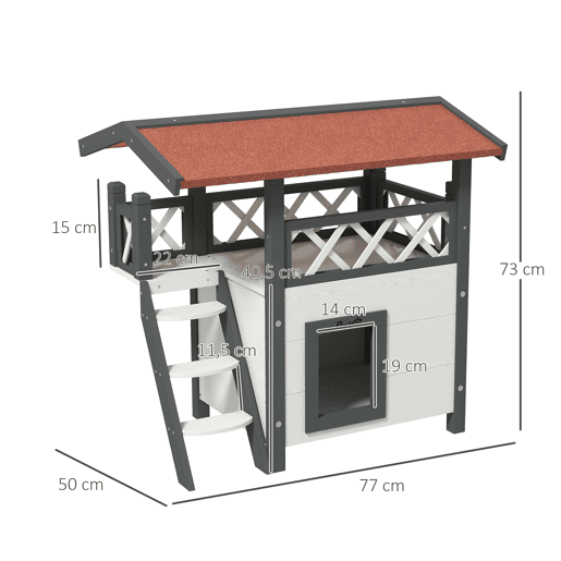 PawHut Casa para Gatos de Madeira 77x50x73cm Casa para Gatos com 2 Níveis com Teto Asfáltico Terraço Cercado Caverna e Escada para Interior e Exterior Branco