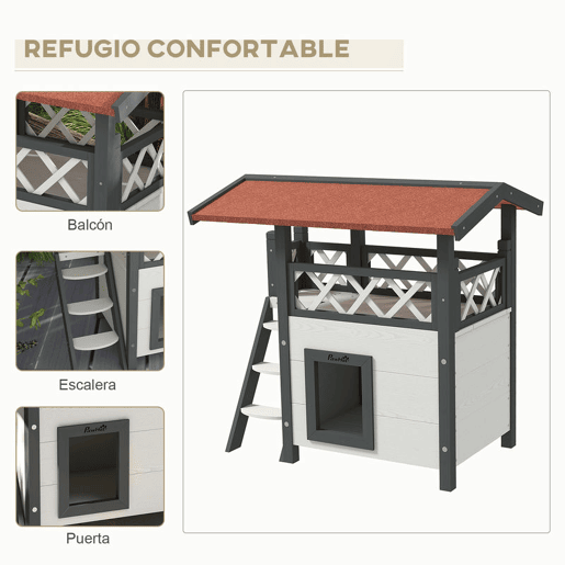 PawHut Casa para Gatos de Madeira 77x50x73cm Casa para Gatos com 2 Níveis com Teto Asfáltico Terraço Cercado Caverna e Escada para Interior e Exterior Branco