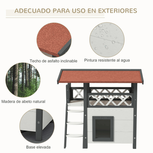 PawHut Casa para Gatos de Madeira 77x50x73cm Casa para Gatos com 2 Níveis com Teto Asfáltico Terraço Cercado Caverna e Escada para Interior e Exterior Branco