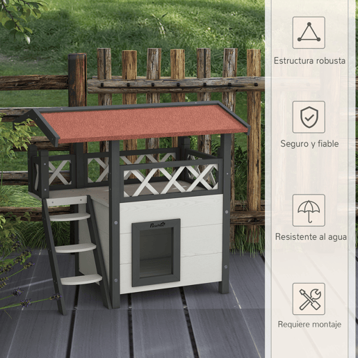 PawHut Casa para Gatos de Madeira 77x50x73cm Casa para Gatos com 2 Níveis com Teto Asfáltico Terraço Cercado Caverna e Escada para Interior e Exterior Branco