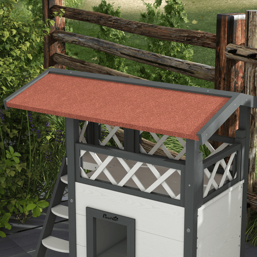 PawHut Casa para Gatos de Madeira 77x50x73cm Casa para Gatos com 2 Níveis com Teto Asfáltico Terraço Cercado Caverna e Escada para Interior e Exterior Branco