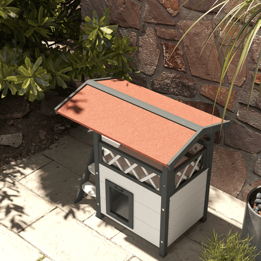 PawHut Casa para Gatos de Madeira 77x50x73cm Casa para Gatos com 2 Níveis com Teto Asfáltico Terraço Cercado Caverna e Escada para Interior e Exterior Branco