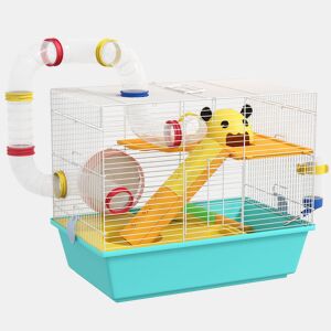 PawHut Gaiola para Hamsters Gaiola para Animais Pequenos com Túnel Plataformas Comedouro Bebedouro Casinha Rampas e Roda de Exercício 45x28x37 cm Azul Claro