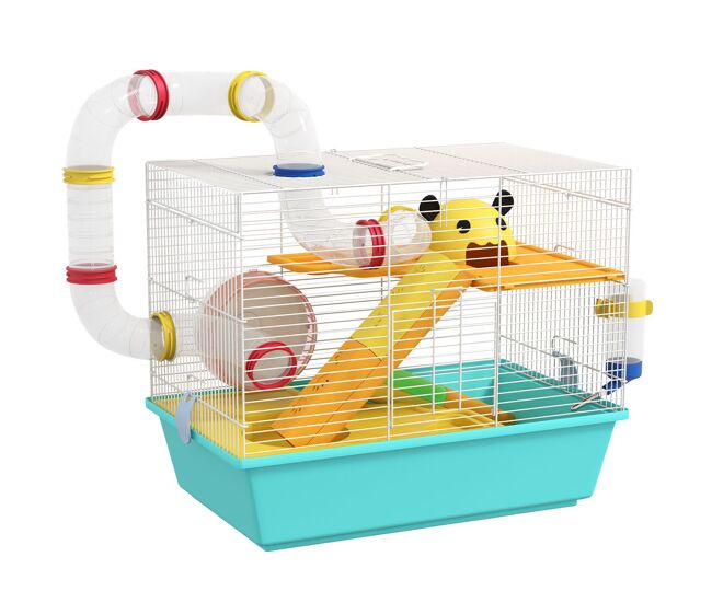 Pawhut jaula para hámster casa para animales pequeños con túnel plataformas cuenco bebedero casita rampas y rueda de ejercicio 45x28x37 cm azul claro