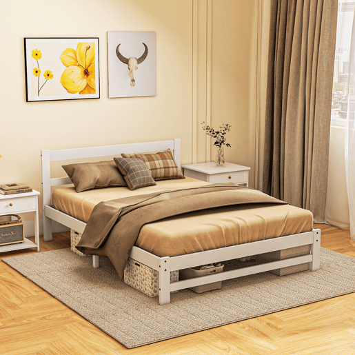 HOMCOM Estrutura de Cama de Madeira Estrado de Cama de Casal para Colchão 190x135 cm Carga 300 kg 195x141x80 cm Branco