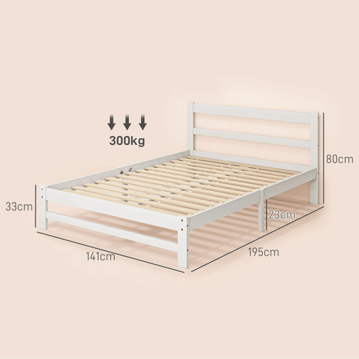 HOMCOM Estrutura de Cama de Madeira Estrado de Cama de Casal para Colchão 190x135 cm Carga 300 kg 195x141x80 cm Branco