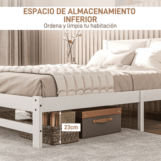 HOMCOM Estrutura de Cama de Madeira Estrado de Cama de Casal para Colchão 190x135 cm Carga 300 kg 195x141x80 cm Branco