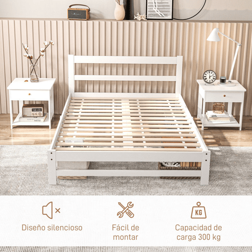 HOMCOM Estrutura de Cama de Madeira Estrado de Cama de Casal para Colchão 190x135 cm Carga 300 kg 195x141x80 cm Branco