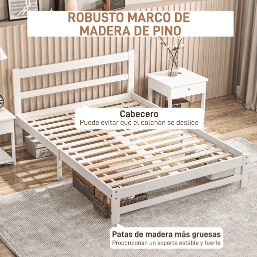 HOMCOM Estrutura de Cama de Madeira Estrado de Cama de Casal para Colchão 190x135 cm Carga 300 kg 195x141x80 cm Branco