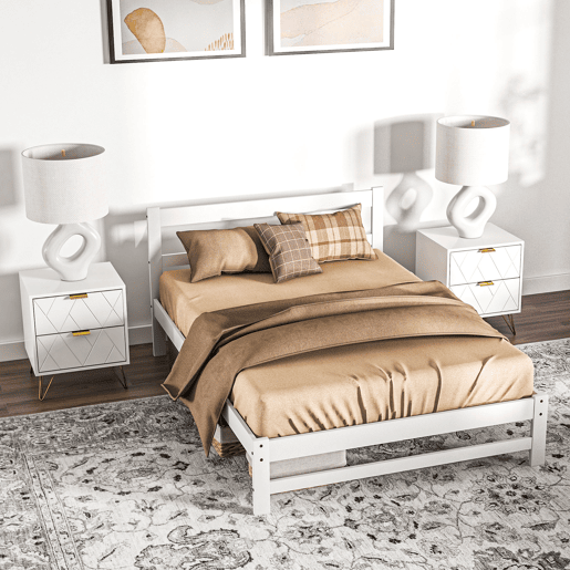 HOMCOM Estrutura de Cama de Madeira Estrado de Cama de Casal para Colchão 190x135 cm Carga 300 kg 195x141x80 cm Branco