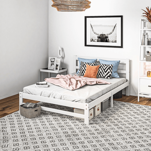 HOMCOM Estrutura de Cama de Madeira Estrado de Cama de Casal para Colchão 190x135 cm Carga 300 kg 195x141x80 cm Branco