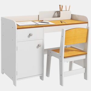 ZONEKIZ Conjunto de Secretária e Cadeira para Crianças Secretária Infantil com Cadeira Conjunto Infantil de 2 Peças com Gaveta e Armário para Quarto Sala Branco e Natural