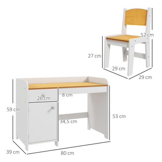 ZONEKIZ Conjunto de Secretária e Cadeira para Crianças Secretária Infantil com Cadeira Conjunto Infantil de 2 Peças com Gaveta e Armário para Quarto Sala Branco e Natural