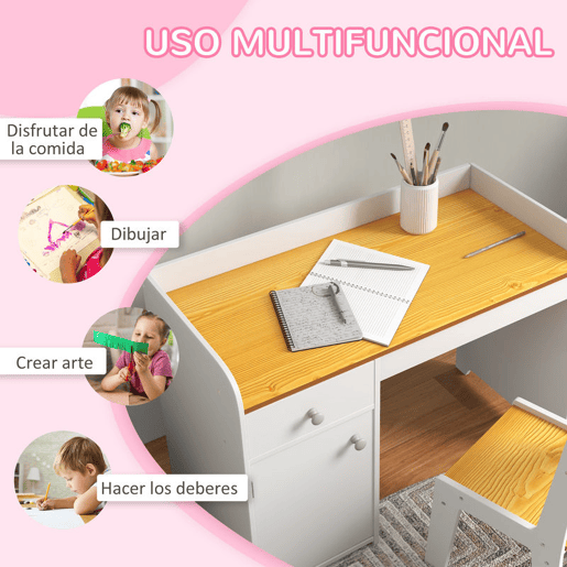 ZONEKIZ Conjunto de Secretária e Cadeira para Crianças Secretária Infantil com Cadeira Conjunto Infantil de 2 Peças com Gaveta e Armário para Quarto Sala Branco e Natural