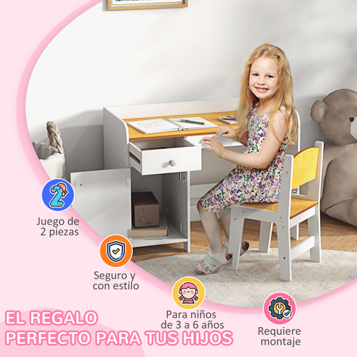 ZONEKIZ Conjunto de Secretária e Cadeira para Crianças Secretária Infantil com Cadeira Conjunto Infantil de 2 Peças com Gaveta e Armário para Quarto Sala Branco e Natural