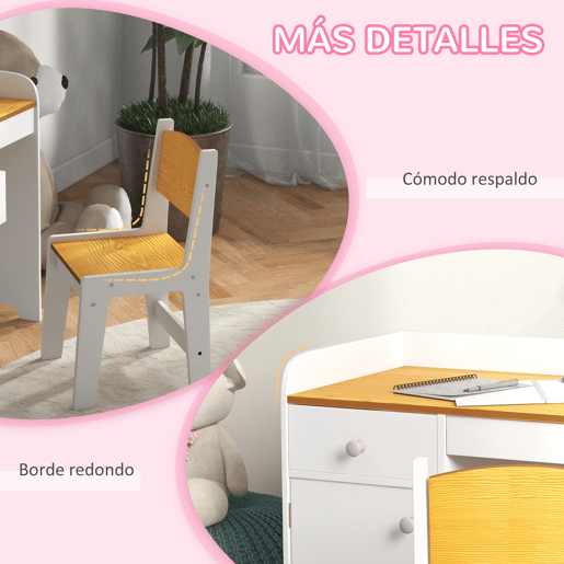 ZONEKIZ Conjunto de Secretária e Cadeira para Crianças Secretária Infantil com Cadeira Conjunto Infantil de 2 Peças com Gaveta e Armário para Quarto Sala Branco e Natural