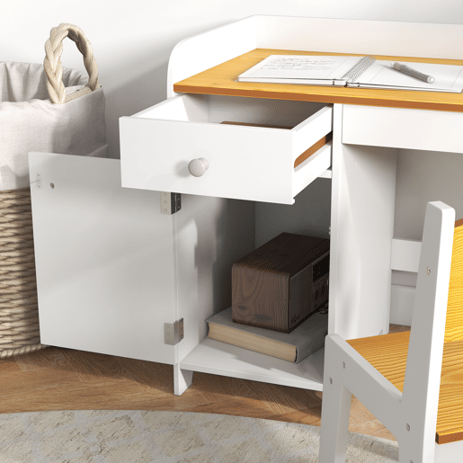 ZONEKIZ Conjunto de Secretária e Cadeira para Crianças Secretária Infantil com Cadeira Conjunto Infantil de 2 Peças com Gaveta e Armário para Quarto Sala Branco e Natural
