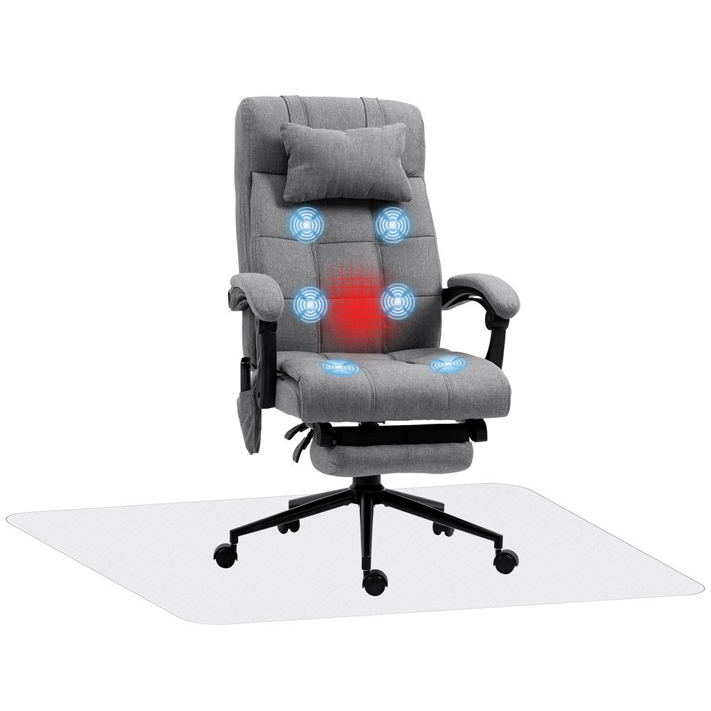 Vinsetto conjunto de oficina incluye 1 silla de masaje reclinable con 6 puntos de masaje y función de calefacción 66x76x112-120 cm y 1 alfombra protectora de suelo 90x120 cm gris y transparente