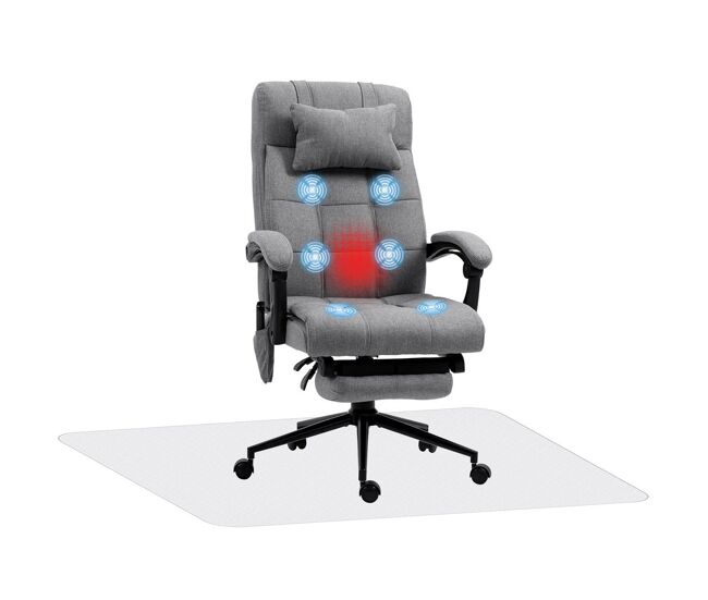 Vinsetto conjunto de oficina incluye 1 silla de masaje reclinable con 6 puntos de masaje y función de calefacción 66x76x112-120 cm y 1 alfombra protectora de suelo 90x120 cm gris y transparente