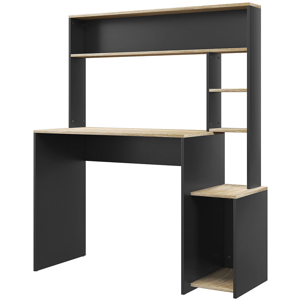 Homcom mesa de escritorio con estanterías mesa de ordenador moderna con estantes soporte para monitor cpu de oficina estudio 114x45x138 cm gris y natural