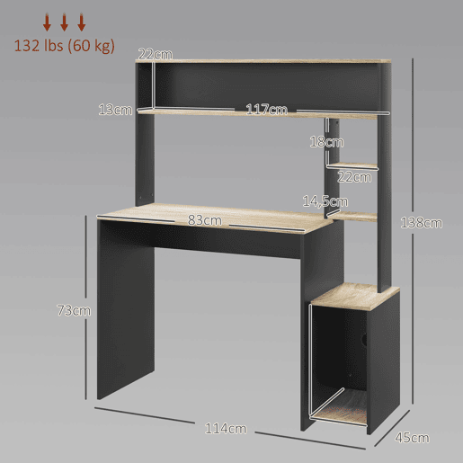 HOMCOM Secretária para Computador com Prateleira de 3 Níveis Mesa de Estudo com Suporte para CPU e Prateleira Superior para Casa Escritório 114x45x138 cm Cinza e Natural