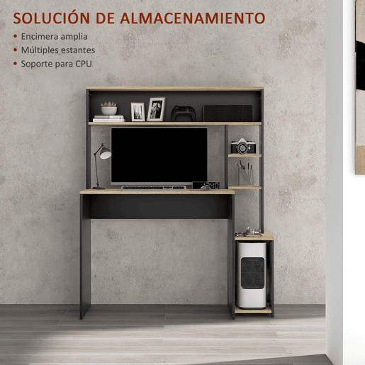 HOMCOM Secretária para Computador com Prateleira de 3 Níveis Mesa de Estudo com Suporte para CPU e Prateleira Superior para Casa Escritório 114x45x138 cm Cinza e Natural