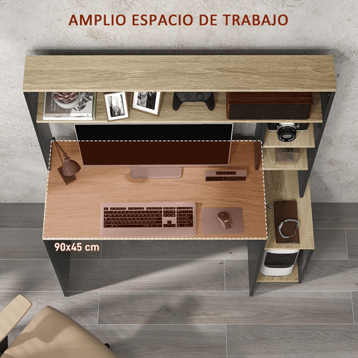 HOMCOM Secretária para Computador com Prateleira de 3 Níveis Mesa de Estudo com Suporte para CPU e Prateleira Superior para Casa Escritório 114x45x138 cm Cinza e Natural