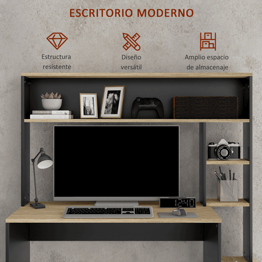 HOMCOM Secretária para Computador com Prateleira de 3 Níveis Mesa de Estudo com Suporte para CPU e Prateleira Superior para Casa Escritório 114x45x138 cm Cinza e Natural