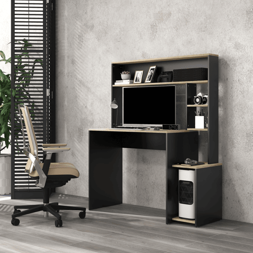 HOMCOM Secretária para Computador com Prateleira de 3 Níveis Mesa de Estudo com Suporte para CPU e Prateleira Superior para Casa Escritório 114x45x138 cm Cinza e Natural