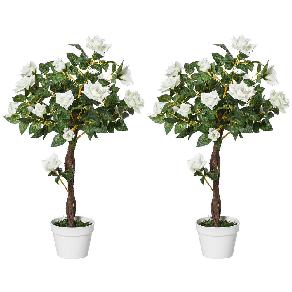 Outsunny juego de 2 plantas artificiales rosas artificiales con 21 flores y maceta de cemento plantas sintéticas para decoración hogar salón oficina verde y blanco