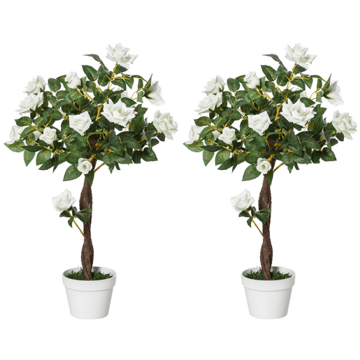 Outsunny Conjunto de 2 Plantas Artificiais Rosas Artificiais com 21 Flores e Vaso de Cimento Plantas Sintéticas para Decoração de Casa Sala Escritório Verde e Branco
