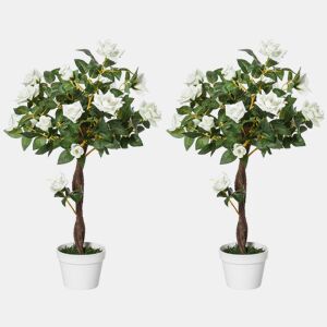 Outsunny Conjunto de 2 Plantas Artificiais Rosas Artificiais com 21 Flores e Vaso de Cimento Plantas Sintéticas para Decoração de Casa Sala Escritório Verde e Branco