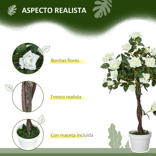 Outsunny Conjunto de 2 Plantas Artificiais Rosas Artificiais com 21 Flores e Vaso de Cimento Plantas Sintéticas para Decoração de Casa Sala Escritório Verde e Branco