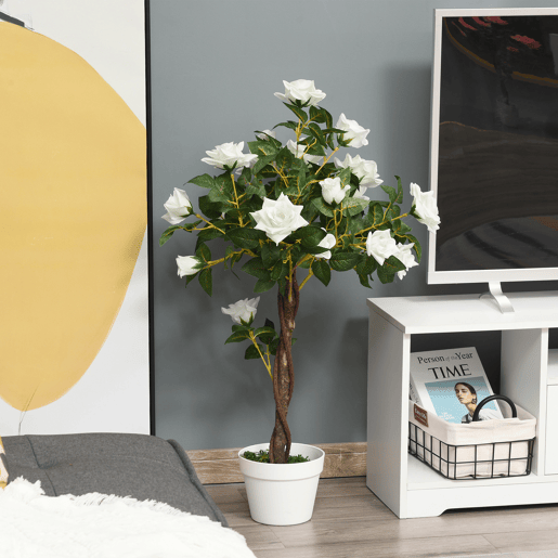 Outsunny Conjunto de 2 Plantas Artificiais Rosas Artificiais com 21 Flores e Vaso de Cimento Plantas Sintéticas para Decoração de Casa Sala Escritório Verde e Branco