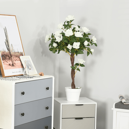 Outsunny Conjunto de 2 Plantas Artificiais Rosas Artificiais com 21 Flores e Vaso de Cimento Plantas Sintéticas para Decoração de Casa Sala Escritório Verde e Branco