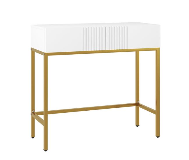 Homcom mesa consola moderna mesa de entrada con 2 cajones y patas de acero dorada antivuelco mueble de recibidor para salón pasillo 80x31,5x75 cm blanco