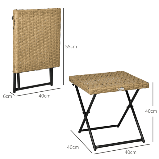 Outsunny Mesa de Jardim em Vime Sintético Mesa de Terraço Exterior Dobrável com Pés Cruzados e Estrutura de Aço para Pátio Varanda 40x40x40 cm Natural