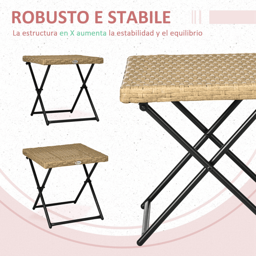 Outsunny Mesa de Jardim em Vime Sintético Mesa de Terraço Exterior Dobrável com Pés Cruzados e Estrutura de Aço para Pátio Varanda 40x40x40 cm Natural