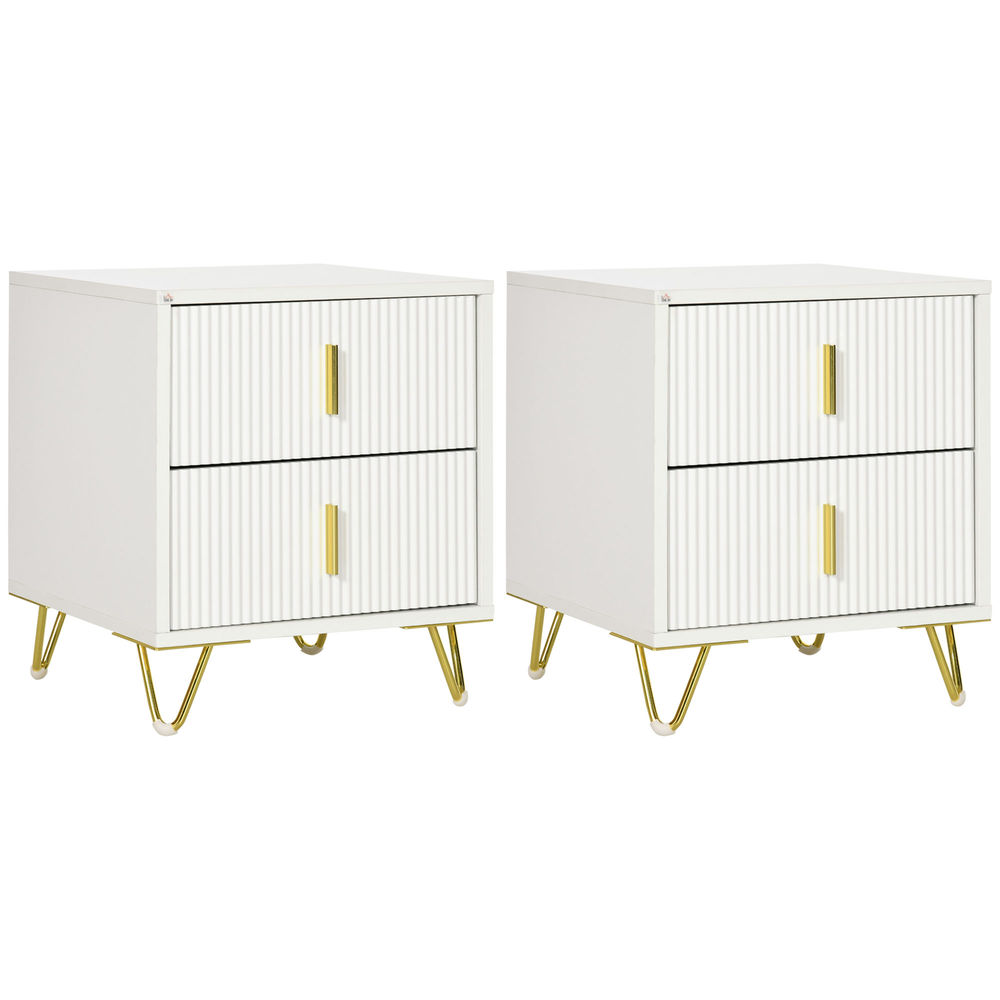Homcom conjunto de 2 mesitas de noche modernas con 2 cajones y patas de metal 40x40x47 cm blanco - carga 40 kg