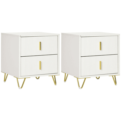 HOMCOM Conjunto de 2 Mesas de Cabeceira Modernas Mesinhas de Cabeceira com 2 Gavetas e Pés de Metal Suporta 40 kg Mesas Auxiliares para Sala Quarto 40x40x47 cm Branco