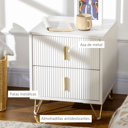 HOMCOM Conjunto de 2 Mesas de Cabeceira Modernas Mesinhas de Cabeceira com 2 Gavetas e Pés de Metal Suporta 40 kg Mesas Auxiliares para Sala Quarto 40x40x47 cm Branco