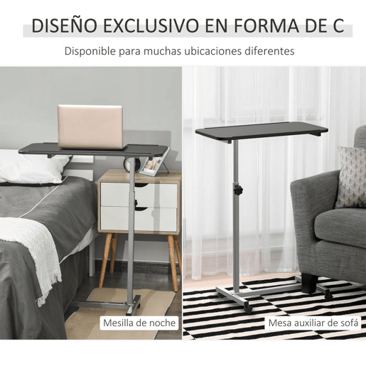 HOMCOM Mesa Auxiliar com Rodas Mesa para Sofá ou Cama com Altura Ajustável e Estrutura de Metal Carga 20 kg para Quarto Sala Escritório 77x40x76-100 cm Preto e Prata