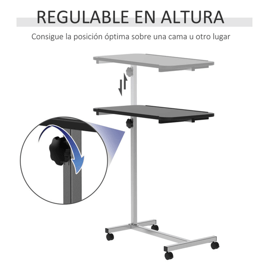 HOMCOM Mesa Auxiliar com Rodas Mesa para Sofá ou Cama com Altura Ajustável e Estrutura de Metal Carga 20 kg para Quarto Sala Escritório 77x40x76-100 cm Preto e Prata