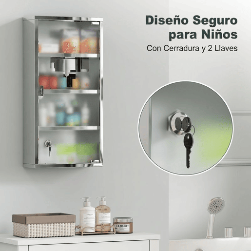 HOMCOM Gabinete nde remédios de aço inoxidável 60x30x12cm