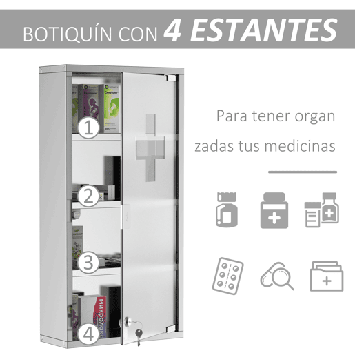 HOMCOM Gabinete nde remédios de aço inoxidável 60x30x12cm