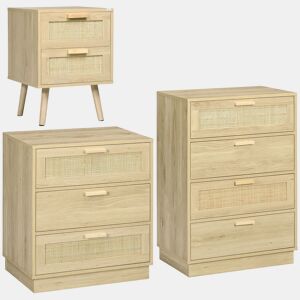 HOMCOM Conjunto de Móveis para Quarto Inclui 1 Mesa de Cabeceira 1 Cómoda com 3 Gavetas e 1 Cómoda com 4 Gavetas com Grelha de Vime Estilo Boémio Natural