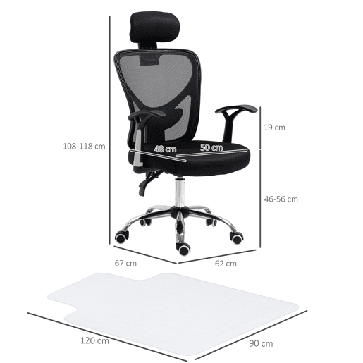 HOMCOM Conjunto de Escritório Inclui 1 Cadeira de Escritório Reclinável com Altura Ajustável 62x67x108-118 cm e 1 Tapete Protetor de Chão 90x120 cm Preto e Transparente HOMCOM Conjunto de Escritório Inclui 1 Cadeira de Escritório Reclinável com Altura Ajustável 62x67x108-118 cm e 1 Tapete Protetor de Chão 90x120 cm Preto e Transparente
