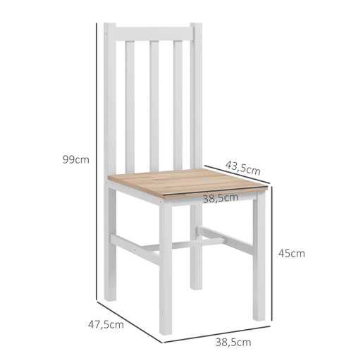 HOMCOM Conjunto de 2 Cadeiras de Sala de Jantar Cadeiras de Cozinha com Encosto de Ripas Estrutura de Madeira de Pinho para Sala de Estar Capacidade 120 kg 38,5x47,5x99 cm Branco
